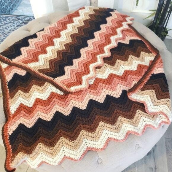 Vintage Handmade Zigzag Crochet Blanket Afghan Throw Inches Earth tones 42"x58" - Picture 6 of 9